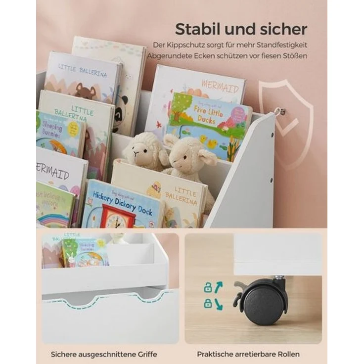 Songmics Bücherregal für Kinder, mit 3 Regalebenen und Aufbewahrungsbox auf Rollen, MDF Wolkenweiß, 29,5 x 62,5 x 70 cm – Bild 5