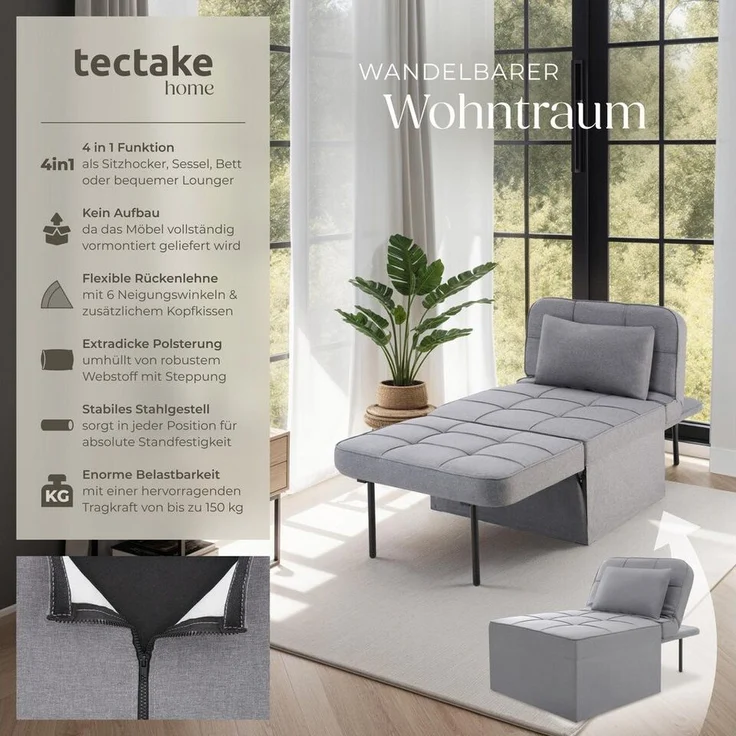 tectake Relaxsessel Schlafhocker, 4 in 1 als Hocker, Sessel, Lounger oder Bett – Bild 1