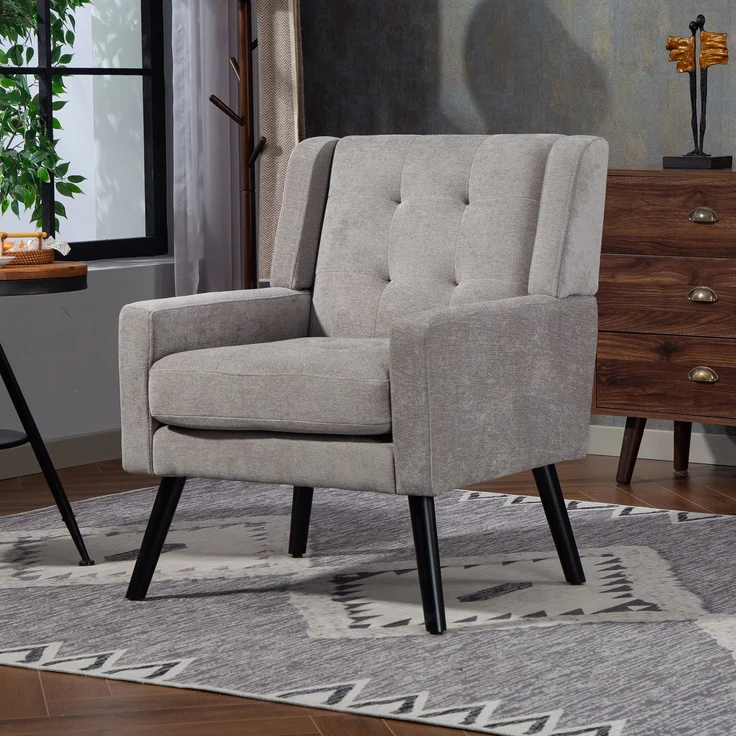 LVHOM Sessel aus Leinenstoff mit Knopfsteppung, Relaxsessel mit Massivholzbeinen, Polstersessel für Wohnzimmer & Büro, bis 130kg, Hellgrau – Bild 2