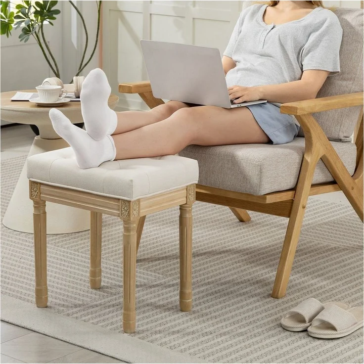 HOMCOM Fußhocker mit gepolstertem Sitz, Holzbeine (Sitzhocker, 1 St, Polsterhocker), für Schlafzimmer, Wohnzimmer, Beige – Bild 5