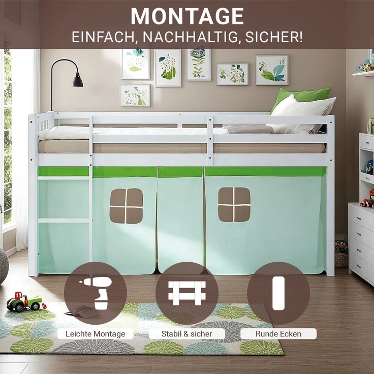 Hochbett Kinder 90x200 cm Kinderbett Kinderhochbett Stockbett Vorhang Grün Leiter Holz Massiv – Bild 5