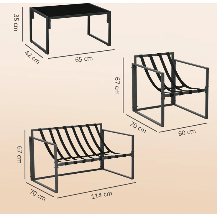 4-teiliges Gartenset mit Sitzbank, 2 Sesseln und Beistelltisch, aus Stahl, Polyester und Baumwolle (PP), beige und grau – Bild 5