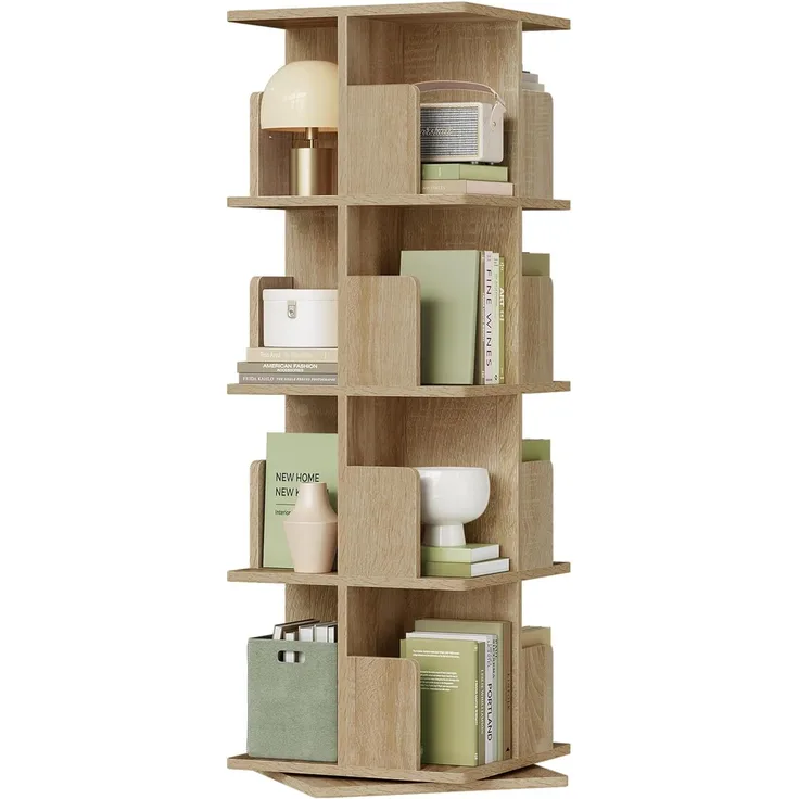 EUGAD 0009SHG drehbares Bücherregal Raumteiler Standregal Drehregal Büroregal Dekoregal 360° frei drehbar mit 4 Ebenen MDF Natur 39 x 39 x 128 cm