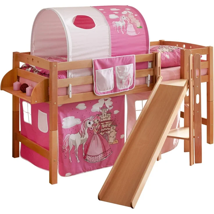 Hochbett mit Rutsche "Tino" 90x200 Buche massiv Natur