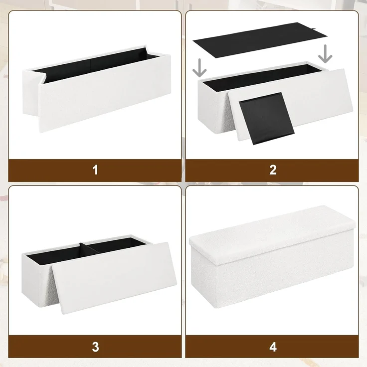 eSituro Sitzbank mit Stauraum, Sitztruhe klappbar, Truhenbank mit Deckel, Polsterbank mit Teddystoff-Bezug, Fußbank für Schlafzimmer, Aufbewahrungsbox, 135 L, 300 kg belastbar, 110 x 38 x 38 cm, Weiß – Bild 6
