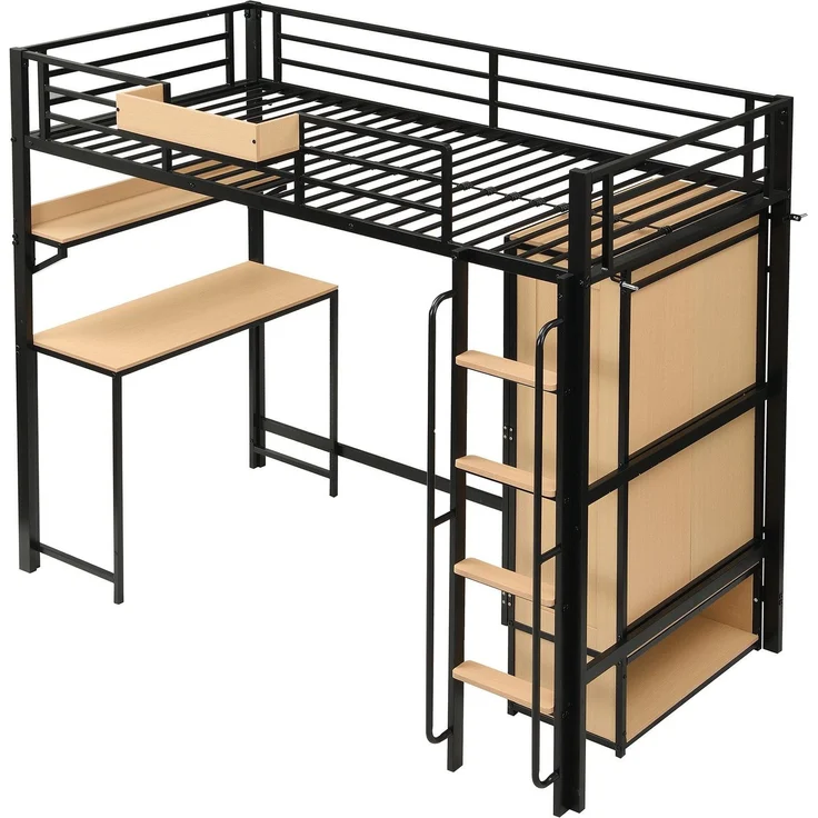 Hochbett mit, Schreibtisch, Regal, Kleiderschrank, Lattenrost, Leiter, Rausfallschutz und Aufbewahrungsbox, 90x200cm, Kinderbett, Metallbett – Bild 7