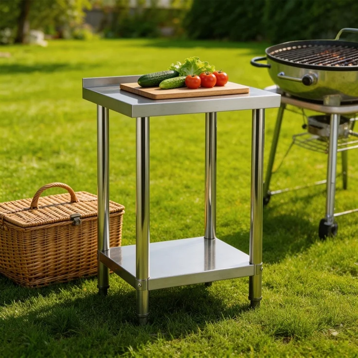 Home Nature Wohnkonzept Edelstahltisch Arbeitstisch Grilltisch Outdoor Küchentisch mit Ablagefläche, stabil bis 90 kg, 60 x 60 x 90 cm – Bild 6