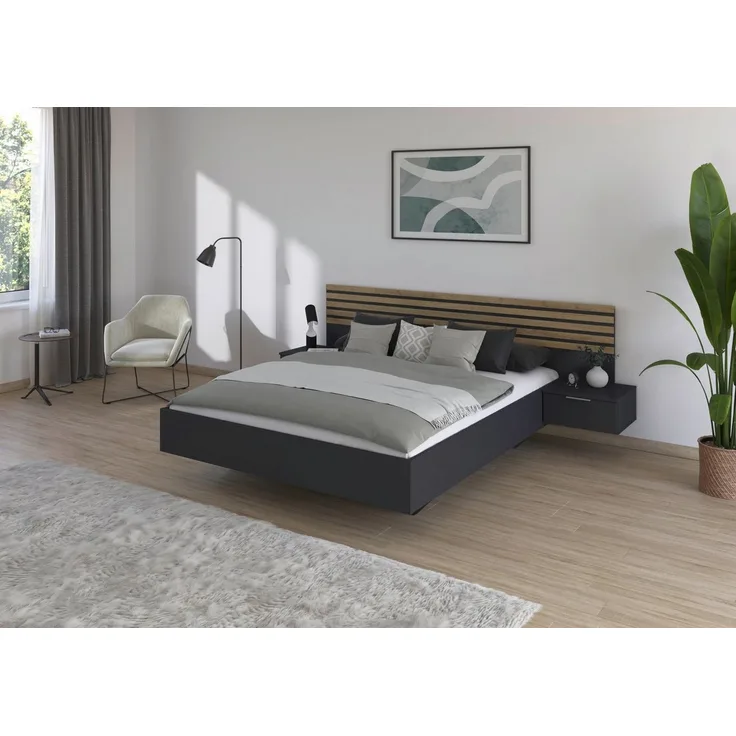 rauch Bettanlage Doppelbett Futonbett LAMELLA in schwebender Optik, (Bett 160x200 oder 180x200 cm), mit eleganter Lamellenabsetzung und 2 Hängenachttische MADE IN GERMANY