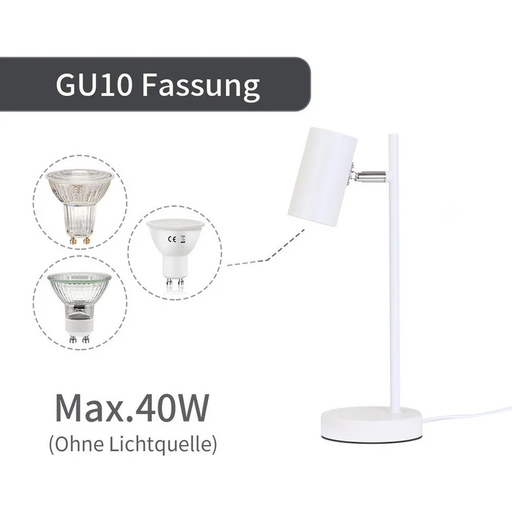 Nettlife Tischleuchte Nachttischlampe Schwarz/Weiß/Gold GU10 mit kabel Schlafzimmer, Schwenkbar 350°, LED wechselbar, Metall Schreibtischlampe Leselampe – Bild 2