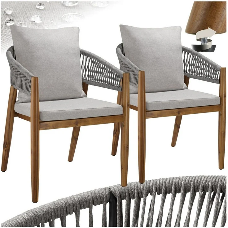 tectake Gartenstuhl Balkonstuhl, Belastbarkeit 120 kg, wetterfest, höhenverstellbar (Terrassenstuhl Manacor für Außen in Akazienholz Grau/Beige, 2 St), 60 x 58 x 76,5 cm, wasserabweisende, abnehmbare Polyesterbezüge – Bild 5