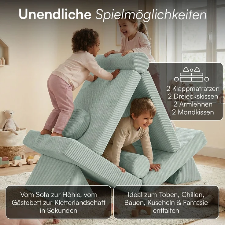 Bellabino 'Nile' Spielsofa mit Kissen und Armlehnen, 8-tlg, Cord, türkis, faltbare Kindercouch, abnehmbarer & waschbarer Bezug, Kindersofa aus Schaumstoff – Bild 3