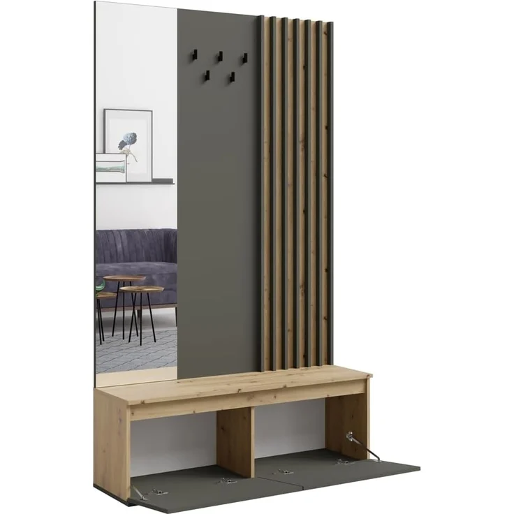 Lomadox Garderoben-Set DAVIS-166, (Spar-Set, 2-St, Kommode Garderoben Kombination), Eiche graphit Lamellen-Design grifflos modern – Bild 4
