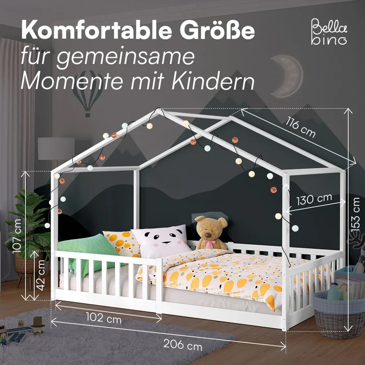 Bellabino 'Bia' Hausbett 120x200 cm mit Matratze, weiß, Kiefer Massivholz, Bodenbett in Hausoptik, Montessori Kinderbett mit Rausfallschutz und Lattenrost – Bild 6