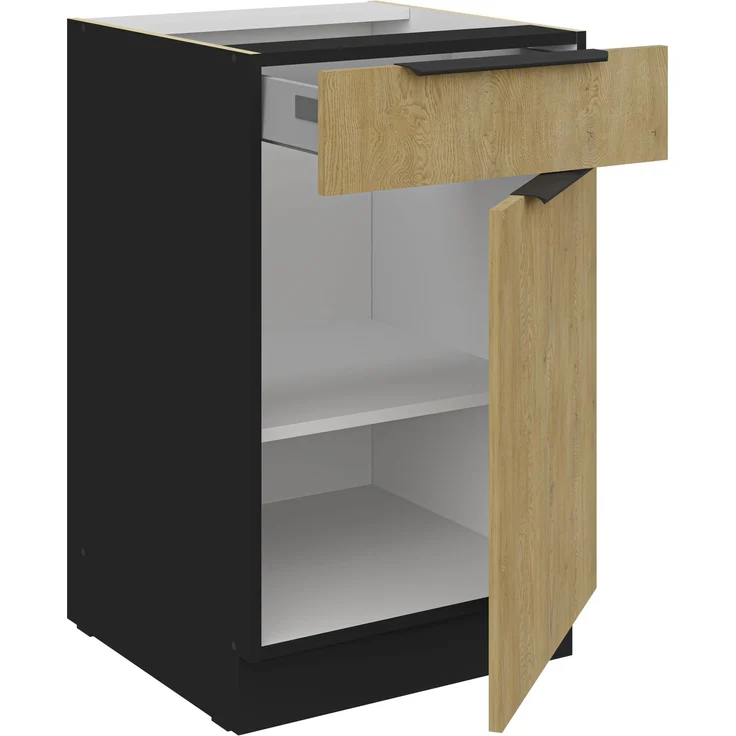 Küchen Unterschrank 50 cm CREMONA Eiche hell + Schwarz matt Vollauszug Soft-Close Küche Küchenzeile Einbauküche Küchenblock – Bild 2