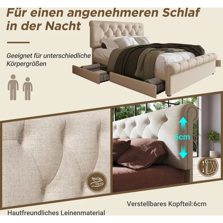Polsterbett 140x200 cm mit 4 Schubladen, höhenverstellbarem Kopfteil im Scroll-Design, Leinenbett mit Stauraum,inklusive Matratze – Bild 6