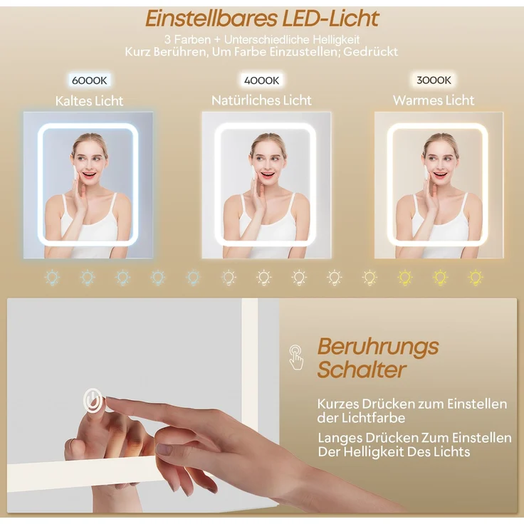 Devoko Schminktisch mit LED-Spiegel, Schubladen, Ablagefächer, Touch-Bedienung, Holzwerkstoff / Glas, Weiß, 110 x 50 x 140 cm – Bild 4
