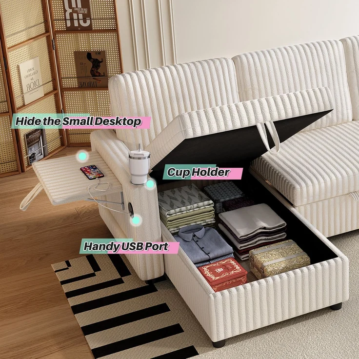 ZUBALIYA SchlafSofa mit USB - Anschluss, mit Stauraum, mit Ausziehbett, mit Cordbezug, modular aufgebaut, Beige – Bild 7