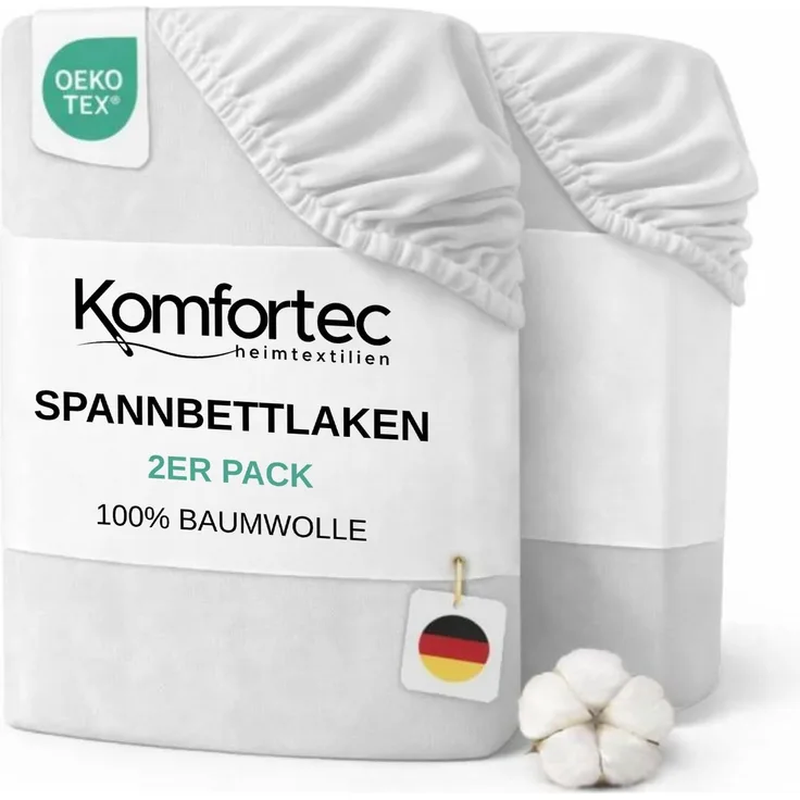 Komfortec Spannbettlaken Jersey 2er Set 100% Baumwolle – 90x200 cm – Weich, Atmungsaktiv & Hautfreundlich – Mit Rundumgummi – Oeko-Tex Zertifiziert – Für Boxspring, Topper & Matratzen – EisWeiß