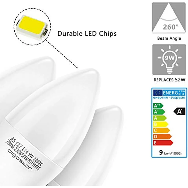 Aigostar LED Glühbirne E14 C37, 9W Warmweiß 3000K, 840 Lumen, 260° Abstrahlwinkel, 5 Stück – Bild 4