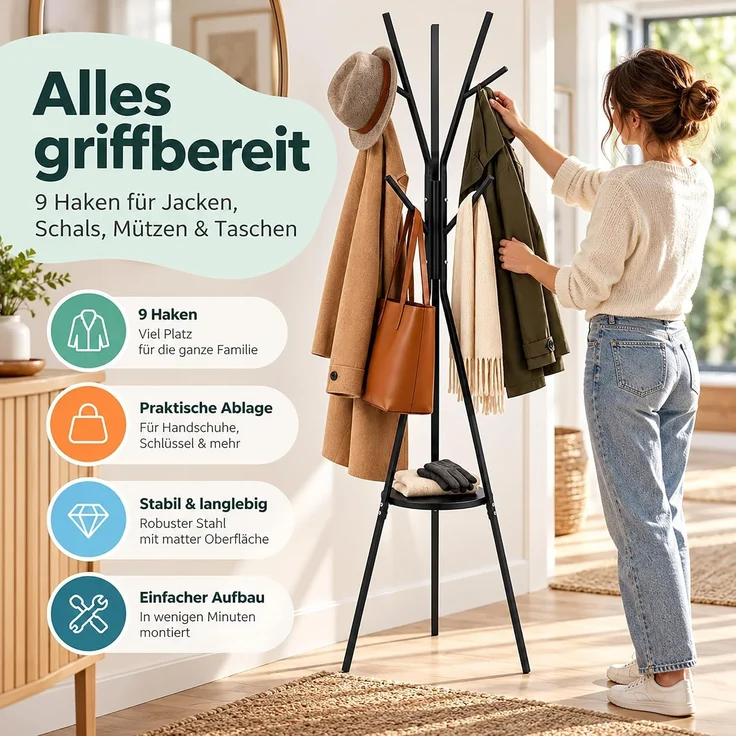 Relaxdays Garderobenständer 9 Haken – Bild 3