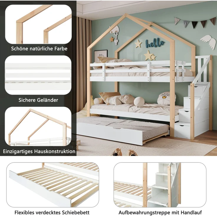Merax Etagenbett, Ausziehbares Baumhausbett, Schiebebett, Treppe mit 4 Schubladen, Kinderbett mit Absturzsicherung und Kinderbettgitter, mit Lattenroste, Natur+Weiß (90x200cm&90x190cm) – Bild 5