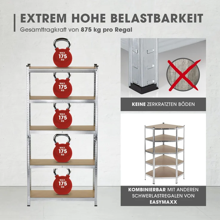 EASYmaxx Schwerlastregal-Set mit 5 belastbarenHolzböden 2-tlg. silber/holzfarben – Bild 3