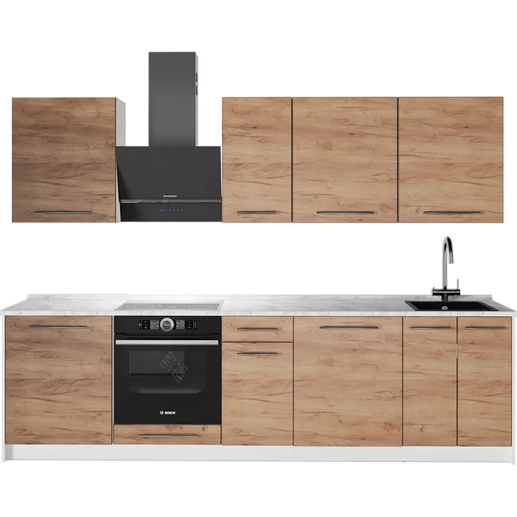 Küchenzeile Fame-Line Goldkraft Eiche/Weiß 280 cm, AP Marmor Vicco – Bild 1