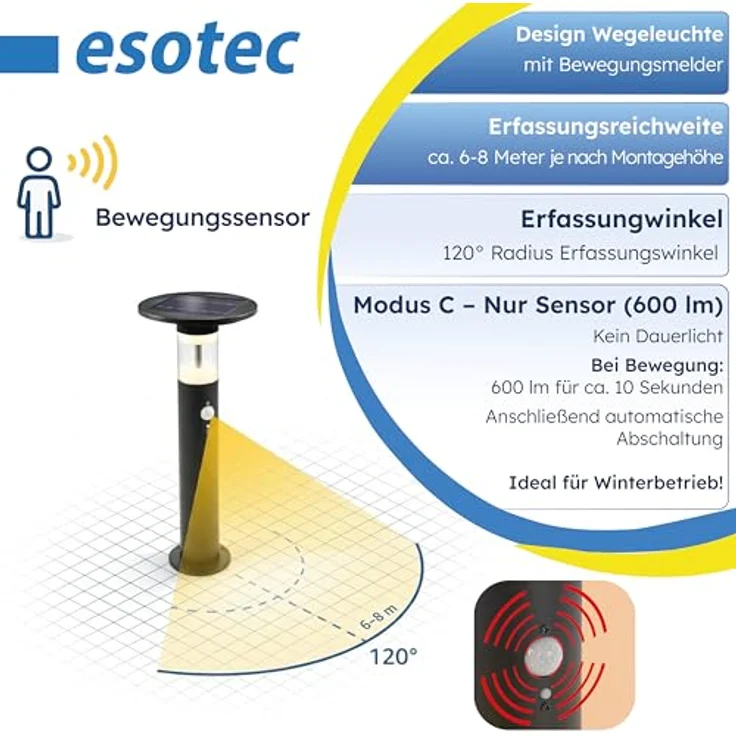Esotec Solar PIR Standleuchte Amelia 53, Bewegungsmelder, 3 Leuchtmodi, Akku, wetterfest, schwarz, Höhe 55,5 cm, IP44 – Bild 4