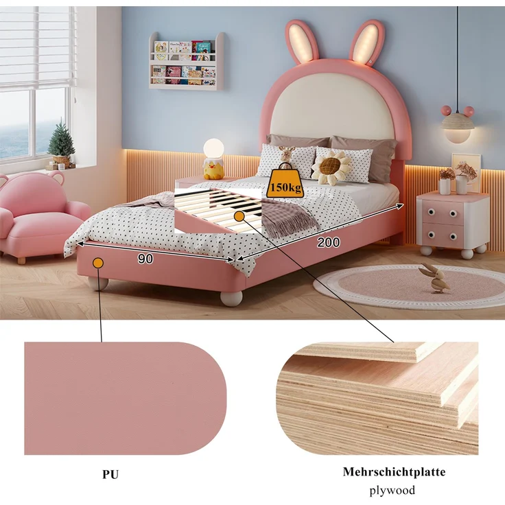 Merax Polsterbett, 90x200cm Einzelbett, Kopfteil in Hasenform, Mit LED-Lichtleiste, Weiche Antikollisions-Schwammkante, Stabiler Bettrahmen, PU + Sperrholz, Rosa+Weiß – Bild 7