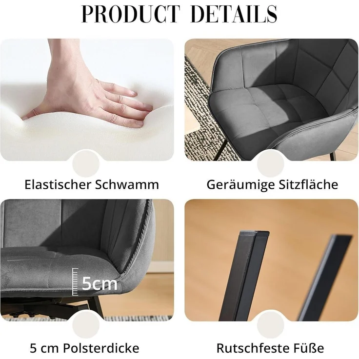 Esszimmerstuhl drehbar gepolstert Armlehne 1 Stück Samt Dunkelgrau – Bild 8