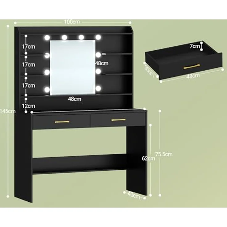 Schminktisch mit Spiegel, Schminktisch mit Ablageflächen und 2 Schubladen, für Schlafzimmer, Wohnzimmer, Verstellbare Helligkeit, 40 x 100 x 149 cm, Schwarz – Bild 4