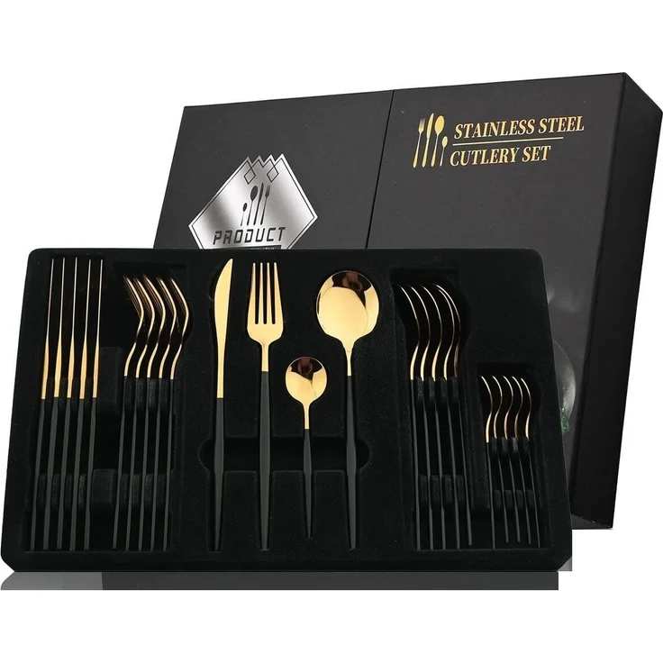 Premium Besteck-Set Schwarz/Gold 6 Personen 24-tlg Edelstahl Essbesteck CF-22128 – Bild 5