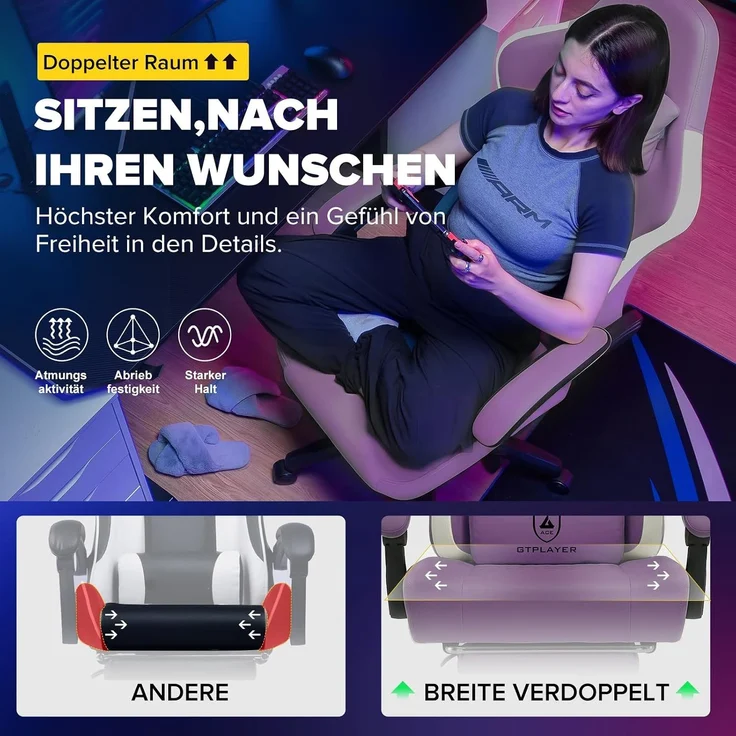 GTPLAYER Gaming Stuhl Ergonomischer Gaming Sessel Schreibtischstuhl Kunstleder, Federsitzkissen, Verbindungsarmlehnen und Fußstütze 150KG, lila – Bild 3