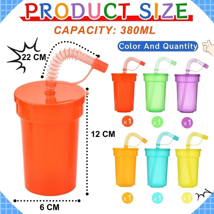 ALINK 6er Pack Neon Kinder Party Becher Set Deckel Strohhalm 380ml – Bild 2