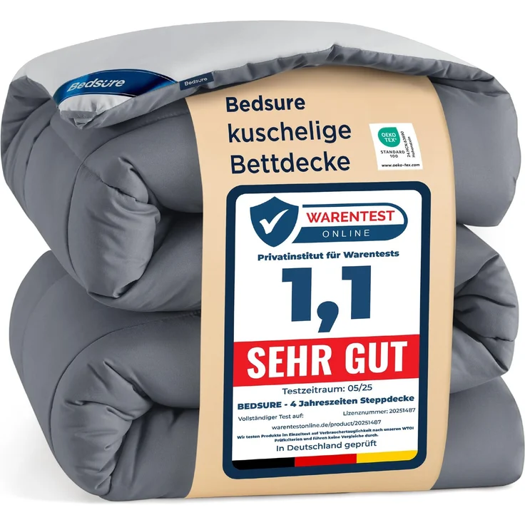 BEDSURE Bettdecke Ohne Bezug 155x220 - Bettdecke 155x220 für Allergiker, Warm & Gemütlich Ganzjahresdecke 300GSM Füllung, Waschbare Duvet für 4 Jahreszeiten, Grau/Hellgrau