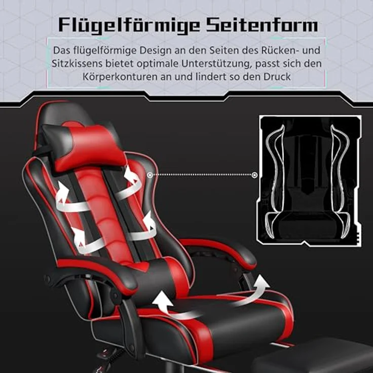 Yaheetech Gaming Stuhl Ergonomischer Gaming Sessel mit Massagefunktion Computerstuhl mit Fußstütze Bürostuhl 90-135° Rückenlehne verstellbar Gamer Stuhl für für Homeoffice und Gaming Rot – Bild 9