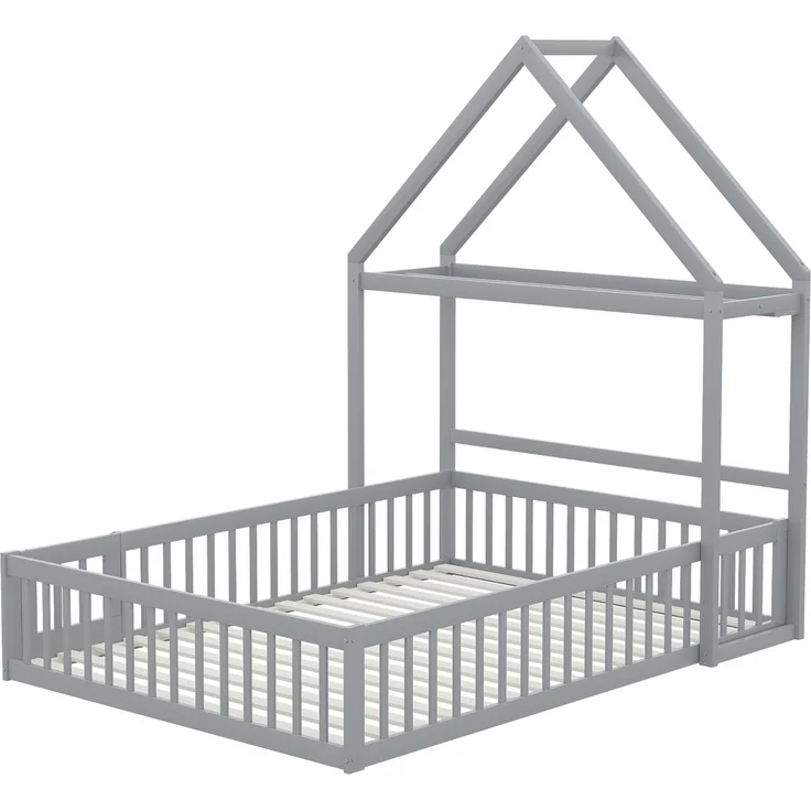 Kinderbett 140 x 200, Kinderbettgestell aus Massivholz mit Stauraum, Vollschutzgitter und Türen und Lattenrost, Grau – Bild 6