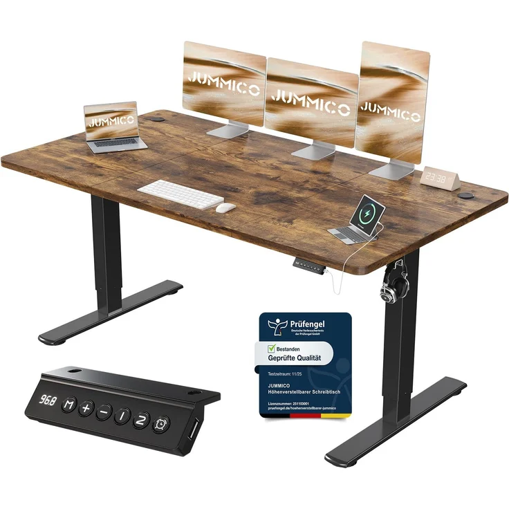 JUMMICO Schreibtisch elektrisch höhenverstellbar mit USB-Ladeanschluss, Braun, 160x70 cm