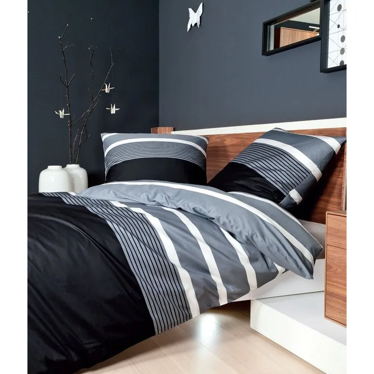 Janine Bettwäsche Davos 65030 08 silber schwarz Feinbiber 135 x 200 + 80 x 80 cm