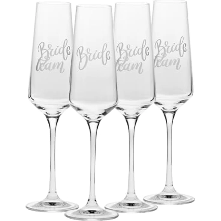 Krosno Champagnergläser Bride and Team Bride 4er Set 180 ml- Prosecco-Sekt- gläser, handgefertigt aus bleifreiem Kristallglas matt weiß verziert - JGA Gläser für Junggesellinnenabschied – Bild 1
