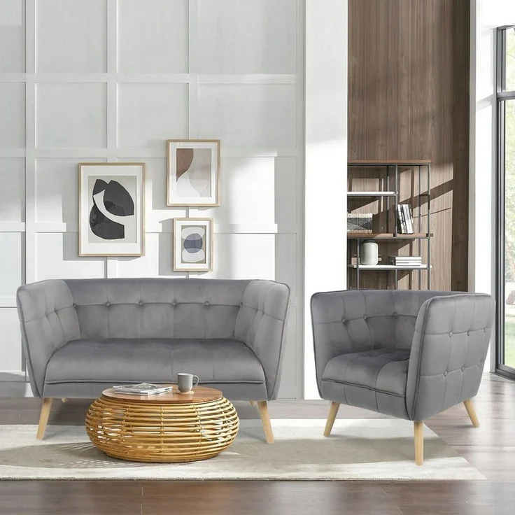 Happy Home Loungesofa Moderner 2-Sitzer Sitzbank mit Armlehne aus Samtbezug grau – Bild 1