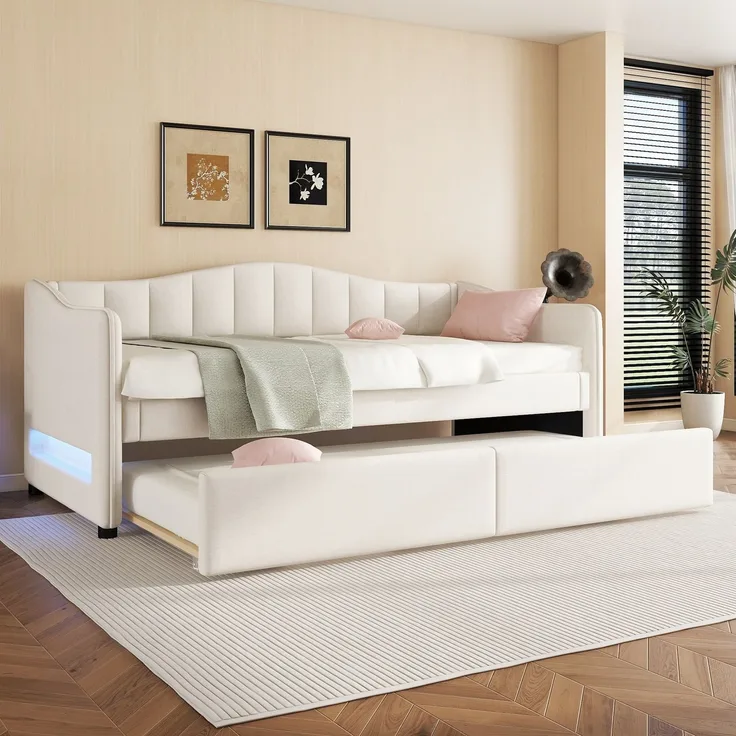 EINHOM Daybettt, 90 x 200 cm Tagesbett mit Ausziehbarem Bett, Schlafsofa, Einzelbett, Ambiente-Licht-Design, Leinen, Minimalistisches Styling, Beige (Ohne Matratze)