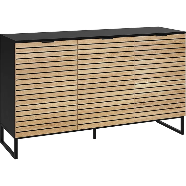 Bellamio 'Luvua' Kommode, schwarz/Eichenoptik, mit Metallfüßen, 80x40x135 cm, Sideboard mit 3 Türen und 6 Fächern