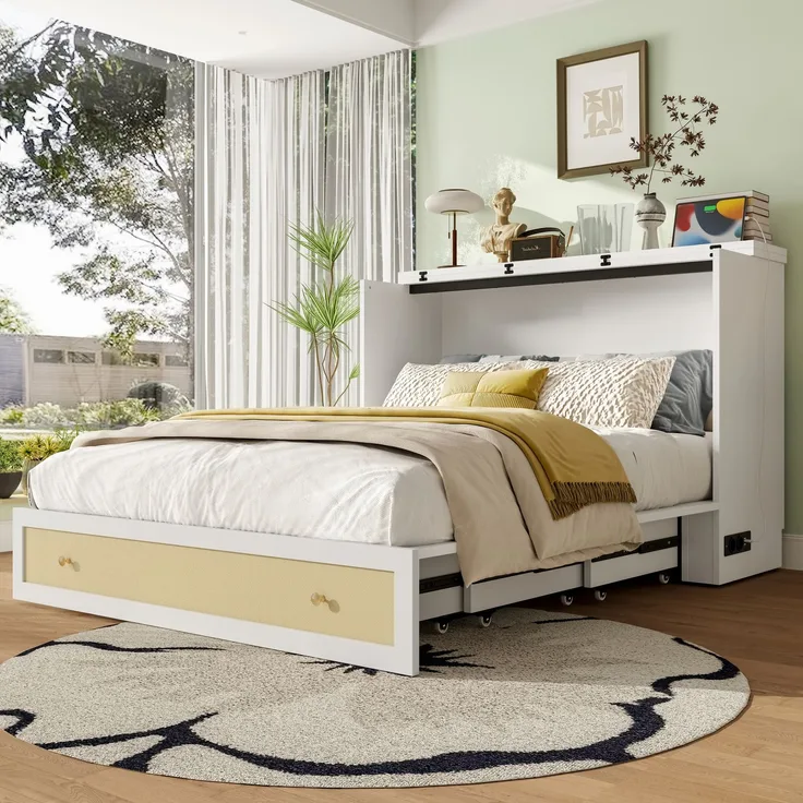 Schrankbett 140x200 cm mit USB-Anschluss und Steckdose,Weiß, MDF, umbaubares Plattformbett mit großem Stauraum, Klappbett