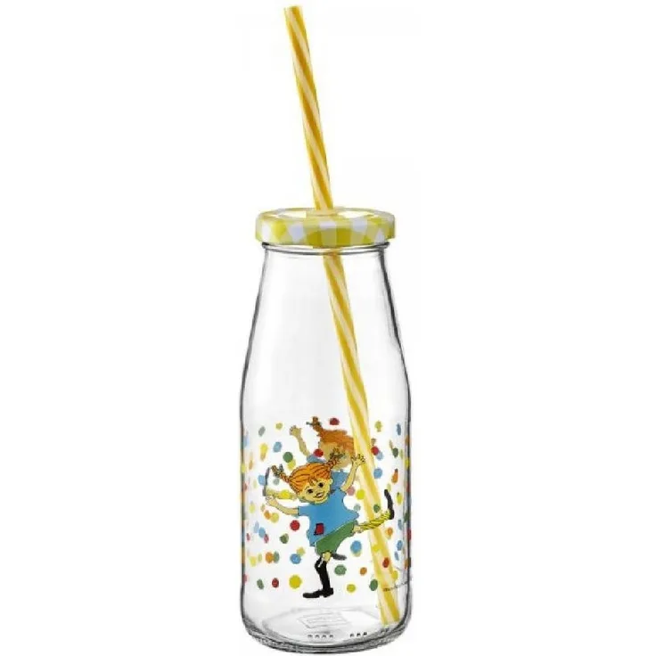 Muurla Kindergeschirr-Set Glas mit Strohalm Pippi Langstrumpf Hoppsansa