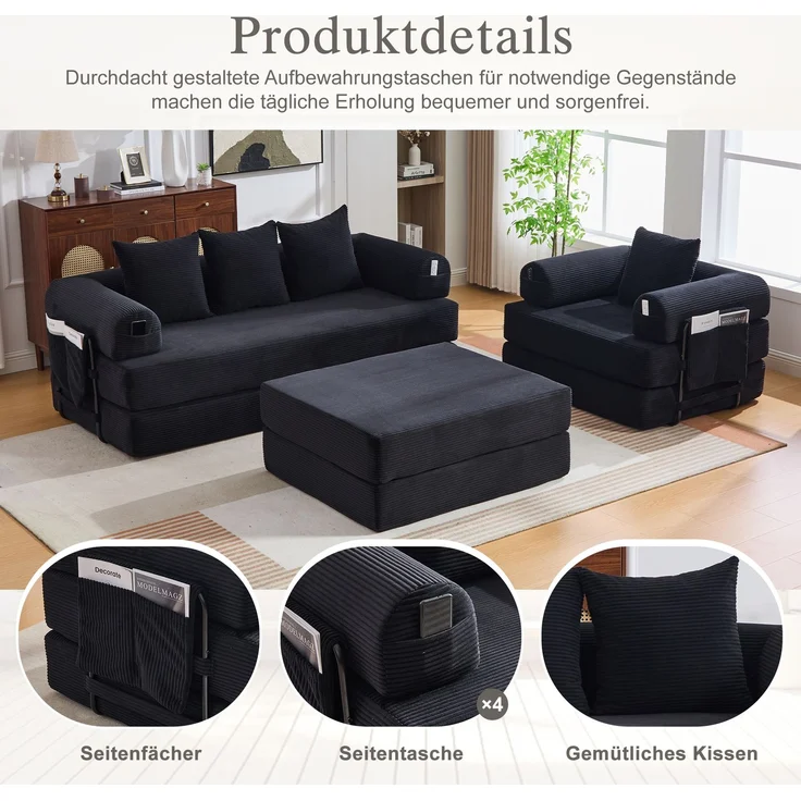 ZUBALIYA Ecksofa 94x67 cm, mit Ablageflächen, mit Cordbezug, mit breiten Armlehnen, modular aufgebaut, mit Schaumstoffpolsterung – Bild 4