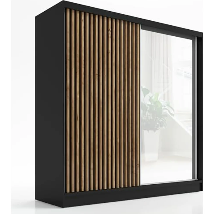 A&J MöbelLand GmbH Schiebetürenschrank LUNO 2-türiger Kleiderschrank mit Spiegel, Lamellen. (TOP ANGEBOT! Geräumiger Schrank mit einer Breite von 200 cm und Spiegel, ideal zur Aufbewahrung von Kleidung und Accessoires. TOP PRODUKT! Wählen Sie das ideal... – Bild 2