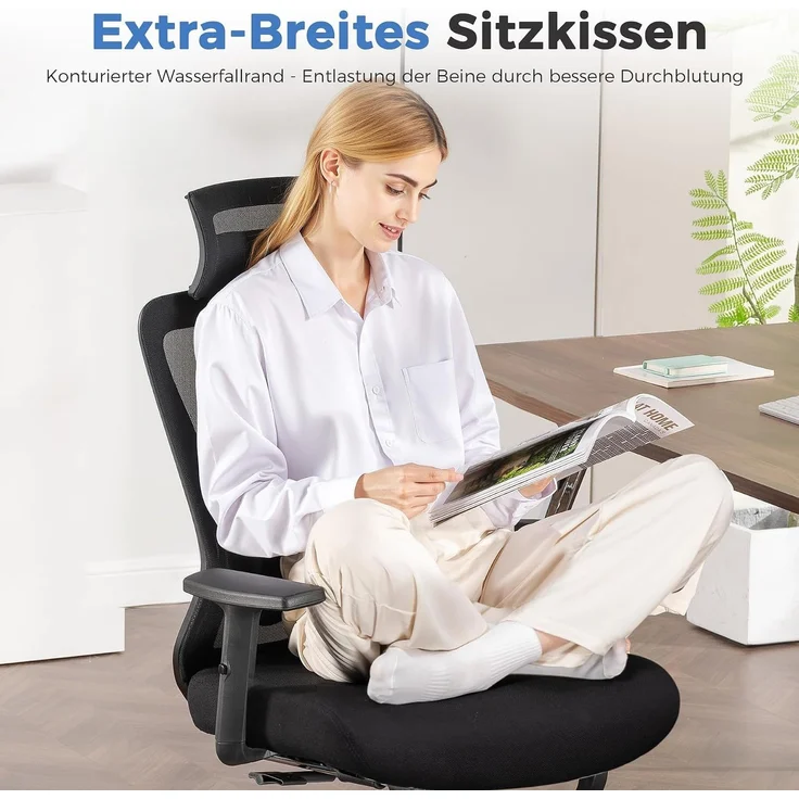 COMHOMA Bürostuhl Ergonomisch [TESTSIEGER], Schreibtischstuhl mit 3D-Kopfstütze & 3D-Lendenwirbelstütze, verstellbare Armlehnen, Office Chair mit Wipp- und Kippfunktion,Belastung bis 150KG, Schwarz – Bild 7