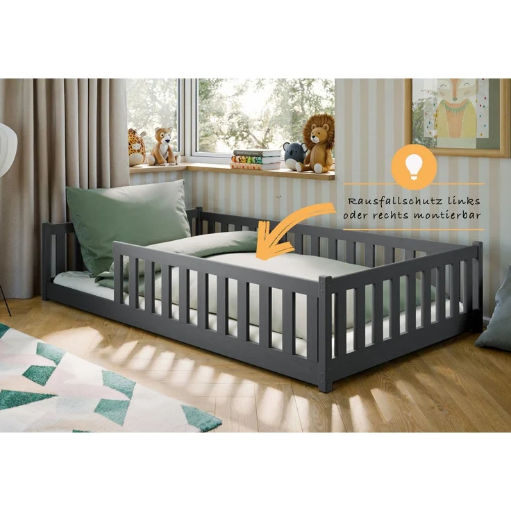 Kids Collective Kinderbett Bodenbett Bett mit Rausfallschutz & Lattenrost Montessori Bett Kinder (Jungen, Mädchen, Kinder, weitere Größen 80x160, 80x180, 90x190, 90x200, 140x200 cm), Jugendbett Einzelbett Graphit Kiefer 120x200 cm – Bild 4