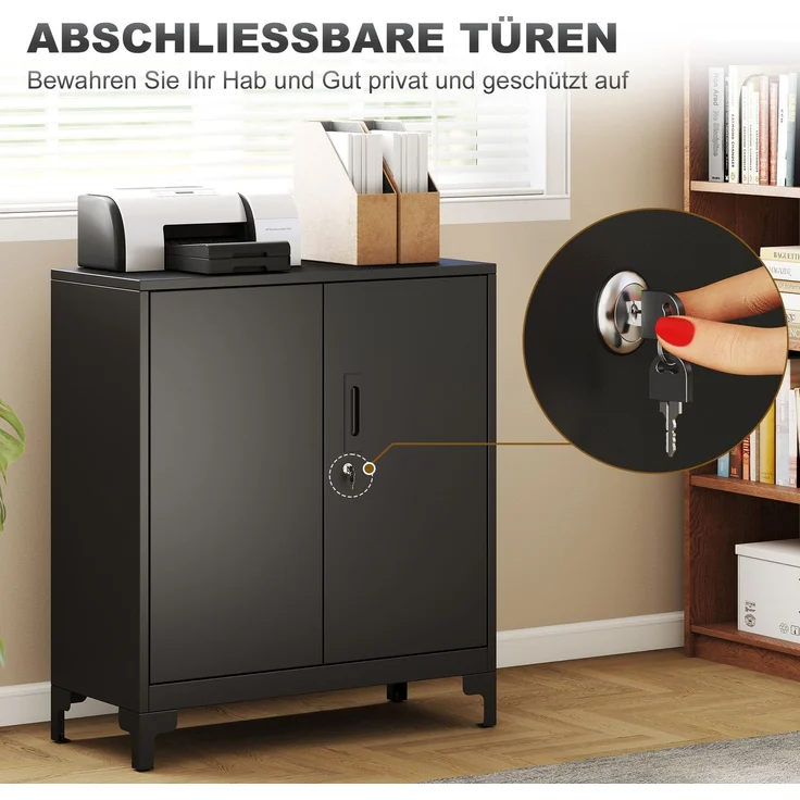 Büroschrank aus Metall, verschließbare Türen, Bürokommode, 2-stufiges Design, Schwarz--Schwarz--91x35x80cm--YOUDENOVA – Bild 7